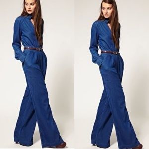 ASOS New 4 Dark Wash Denim Wide Leg Jumpsuit Ruffle Neck Open Back 70’s Festival